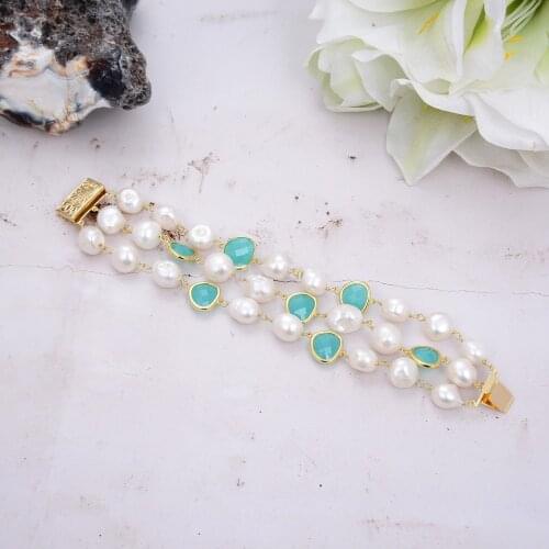 Natural 3 Strands Cultured White Baroque Pearl Green Crystal Wrap Bracelet Handmade For Women