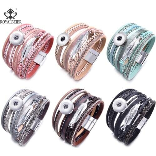 ROYALBEIER New Leather Snap Bracelet for Women Rhinestone Crystal Multilayer Leather Bracelet Fit 18mm Snap Button Jewelry