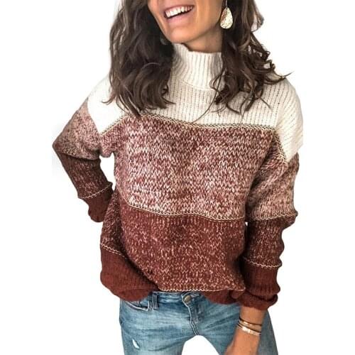 2021 Autumn Womens Urban Casual Fashion Mixed Color Top Striped Stitching High Collar Contrast Ladies Comfortable Knit Sweater