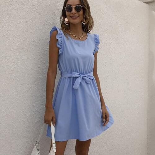 Summer Elegant Ruffle Party Dress Women Casual O-Neck Sleeveless Lace-up Dresses 2021 Fashion White Slim Office Dress Robe Femme