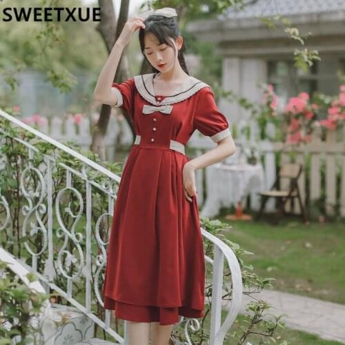 SWEETXUE 2021 Summer Womens Vintage Literary Retro Navy Collar Girl Bow Sweet Kawaii Cute Chic Dress Female Vestido Mujer