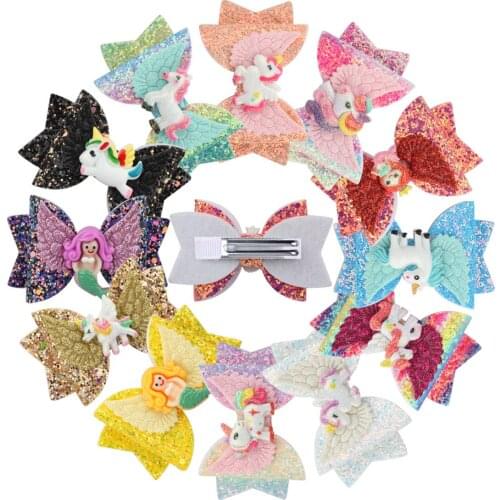 12pcs/set Girls Hairpin Princess Hair Clip Glitter Hair Bows Unicorn Barrette Sequin Shiny 3 Inch Bow Headwear Children Hairgrip