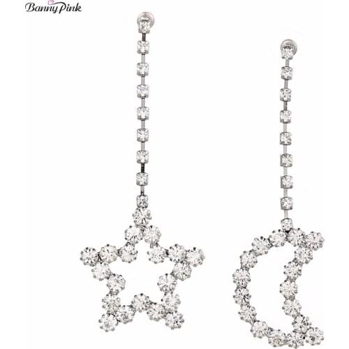 Asymmetrical Moon Star Studs Earrings For Women New Punk Rhinestone Chain Post Earrings Fashion Jewelry Pendientes Cute Earrings