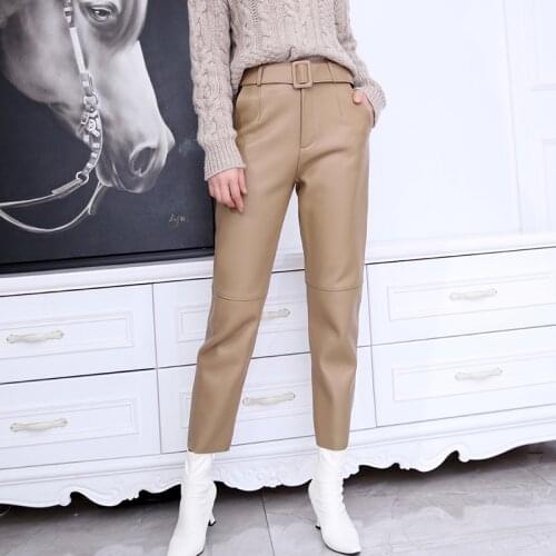 High Quality Genuine Sheepskin Leather Pants for Women Spring Autumn Female High Waist Pant Harem Pant Pantaloni Donna Zjt2106