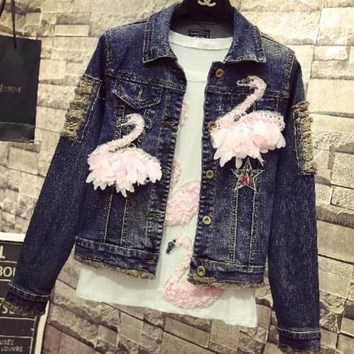 Spring Autumn Women Pink Swan Embroidered Denim Jacket Long Sleeve Hole Ripped Retro Jeans Coat plus size 2XL