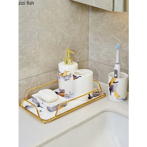 5 Pcs/set Ink Painting Shower Gel Bottle Mouthwash Cup Toothbrush Holder Soap Dish Storage Jar Ceramic Bathroom Accessories