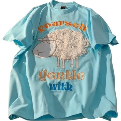 ZuoLunOuBa Casual Japanese Summer Women T Shirt Embroidered Letters Haughty Alpaca Girl Tees Loose Cotton Sky Blue Tops Female