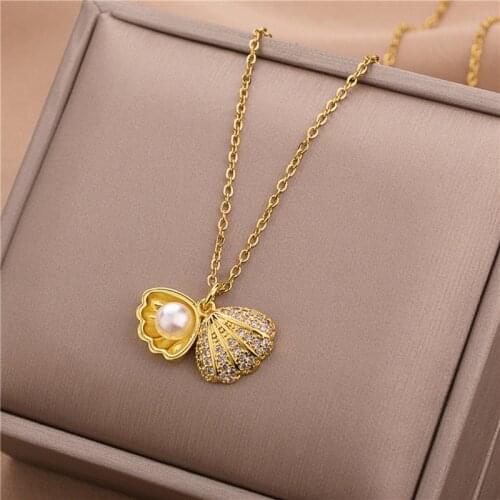 Korean Style Sweet Zircon Inlaid Open Shell Pearl Pendant Women Necklace Female Stainless Steel Party Jewelry Ladies Neck Chain