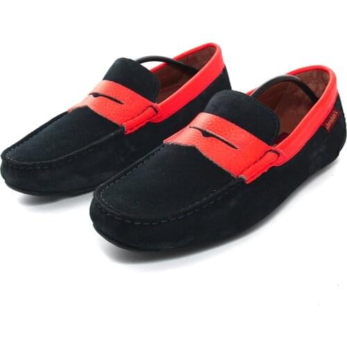 Handmade Penny Loafers with Dark Blue Rugan & Flourescent Neon Red Leather, Full Leather Insoles, Mens Fashion Casual Part Shoe