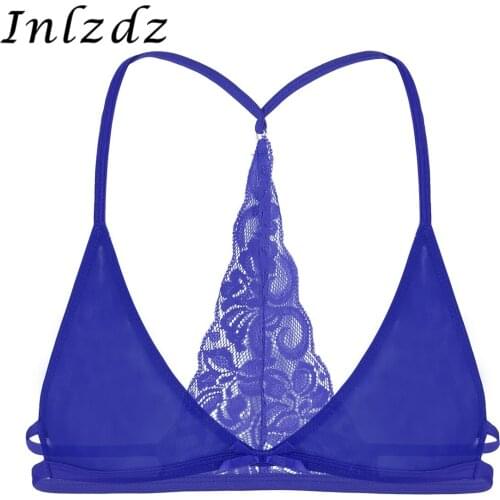 Mens Lingerie Sissy Crossdresser Bras Mesh Sheer Bra Top Lace Back Wire-free Unlined Triangle Bralette Bra Top Sissy Underwear