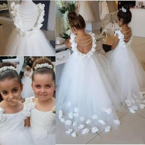 Newest 2019 Sweet Sleeveless Flower Girl Dresses Lace Dress Appliques A Line Tulle Sweep Train Girls' Pageant Dresses With Pearl