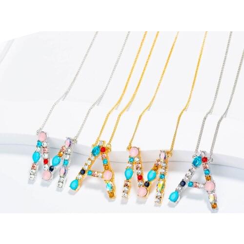 Wholesale fashion CZ charm Gold 26 Alphabet letter pendant necklace micro pave zircon initial letter necklaces