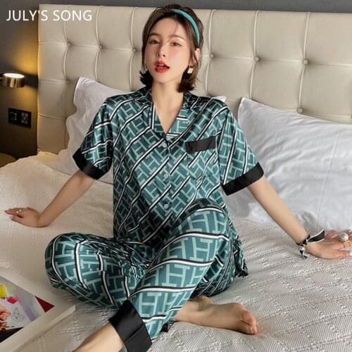 JULYS SONG Pajamas Set 2 Pieces Women Stain Summer Sleepwear Retro Luxury Ice Silk Letter Printing Short Sleeve Trousers Pyjama