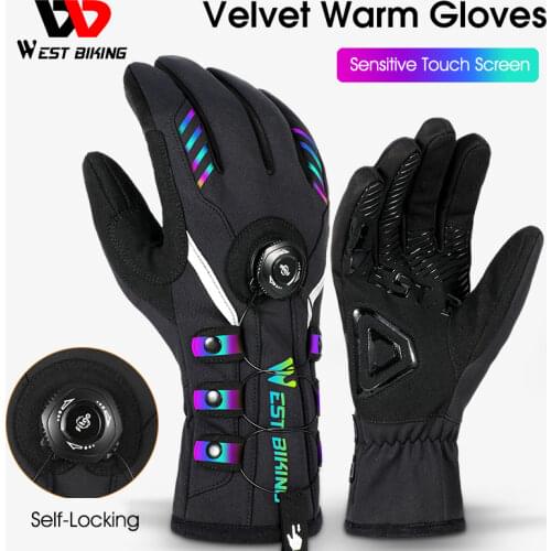 WEST BIKING Adjustable Self-locking Cycling Gloves Warm Winter Reflective MTB Bike Gloves Touch Screen Sport Ski Bicycle Gloves