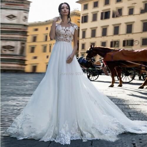 Vestido de Noiva Romantic Lace Appliques White Wedding Dresses with Short Sleeves Buttons Back A Line Formal Bridal Gowns 2020