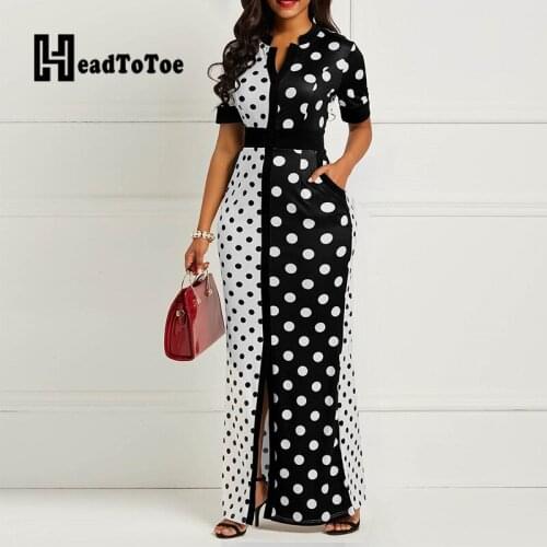 Dot Print Colorblock Pocket Design Slim Waist Maxi Dress Women Short Sleeve Sexy Slit Party Dress