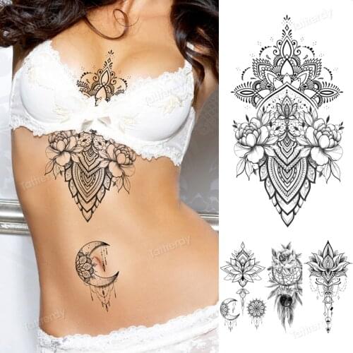 Sexy tattoo for women sternum tattoo mandala henna lace flowers tattoo underboob chest tatoo sticker waterproof egypt indian