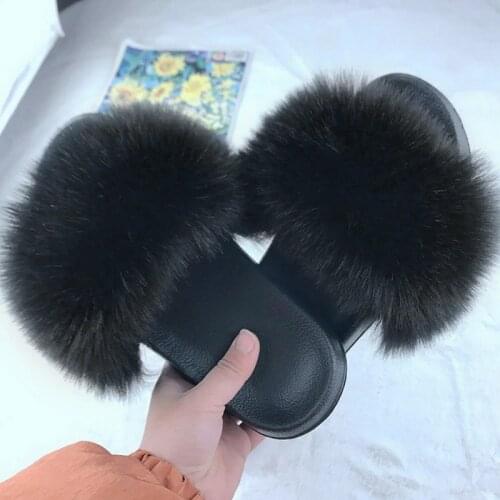 Hot Summer Women Fox Fur Slippers Real Fur Slides Female Indoor Flip Flops Casual Raccon Fur Sandals Furry Fluffy Plush Shoes