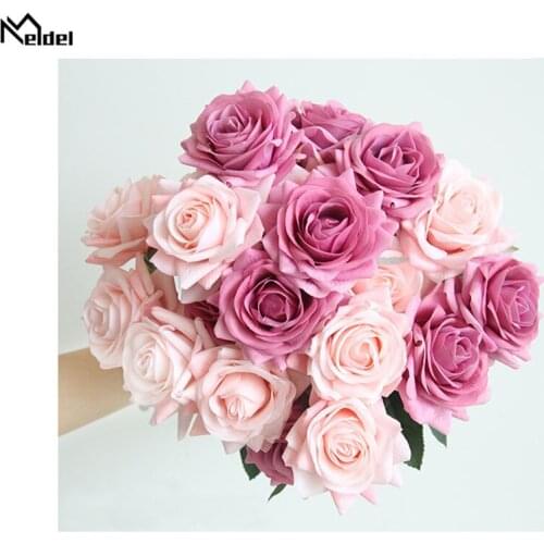 Meldel Bride Wedding Bouquet Bridesmaid Artificial Silk Rose Flowers Pink White DIY Home Party Wedding Table Center Accessories