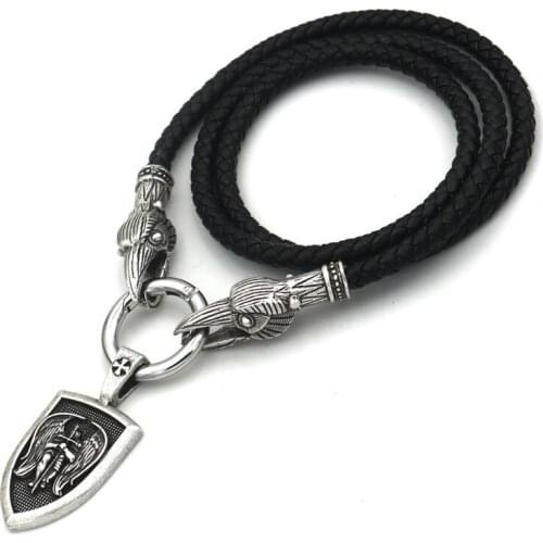 Viking Odin Talisman Jewelry Celt Cross Sword With Angel Wings Shield Pendant With Raven Head Charm Long PU Leather Chain
