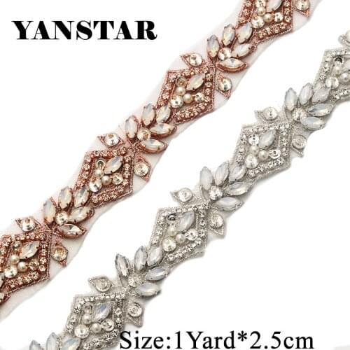 YANSTAR Handmade 2.5CM* 5Yards Rhienstone Applique Crystal Bridal Belt With Protein beads Trim For Wedding Dress Belt YS912