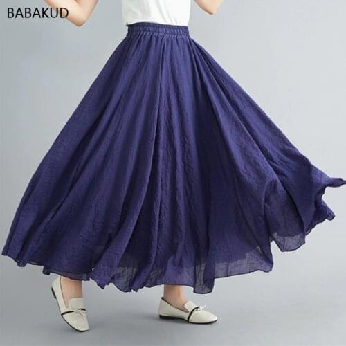 BABAKUD 19 Colors Women Linen Cotton Long Skirts Folk Style Pleated Elastic Waist Maxi Skirt Beach Summer Big Swing Skirt Faldas