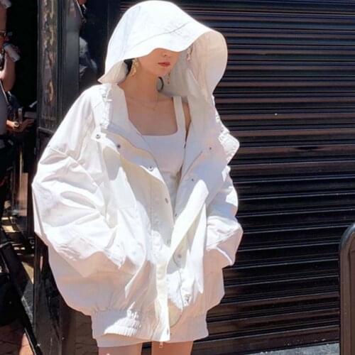 2020 Summer Loose Large Size Female Windbreaker Jacket Harajuku Hooded Student BF Coat Oversize White Jacket Basic Coats