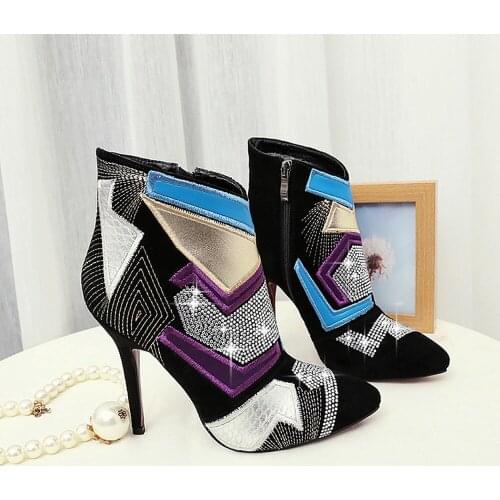 Womens Pointed Toe Rhinestones Bling Match Colors Ankle Boots Side Zip Stilettos High Heel Shoes Plus Size Real Leather C589