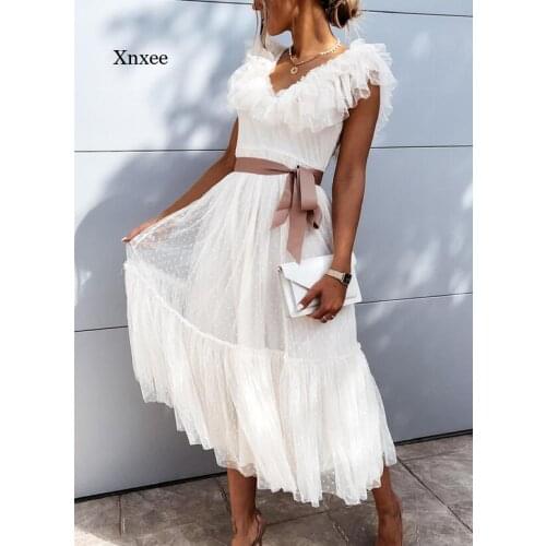 Summer Womens Elegant Dress Chic Pure Color Long Evening Dress Feminine V-Neck Lace Ruffled Lace Dress Female Butterfly Sleeve