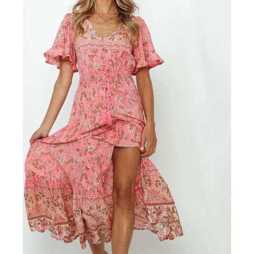Bohemian Maxi Dresses For Women New 2021 Printed Short-Sleeved Single-Breasted Lace-Up Waist Dating Vacation Beach Dress