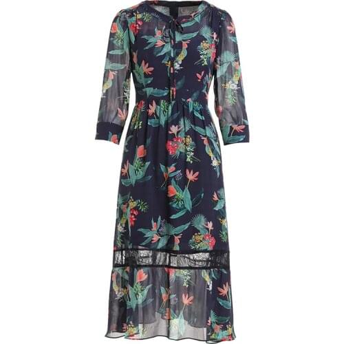 Gowani Woman Silk Dress Casual Floral Print Lace Insert Half Sleeve Fashion Midi Dress Autum Fall Summer