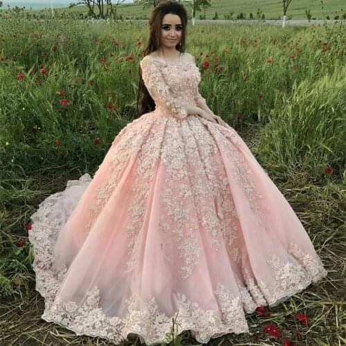 Vintage Pink Ball Gown Quinceanera Dresses 2020 Luxury Lace Appliqued Sweet 16 Dress Vestidos 15 anos With Sleeves Prom Dress