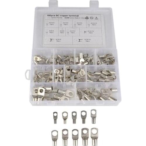 100pcs Battery Cable Wire Lugs Copper Eyelets Tubular Ring Terminal Connectors for Ships Automobiles Electricians Electrical