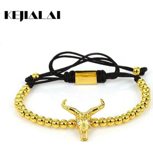 2017 Fashion Men Jewelry American Old West Goat skull Charm Bracelet for Women Gold Color Round Beads Braiding Macrame Bracelet