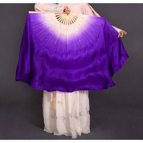White Purple Gradient Two Layers Real Silk Bellydance Fan Veil Pair Bamboo Short Fan Folk Art Chinese Dance Fan On Sale