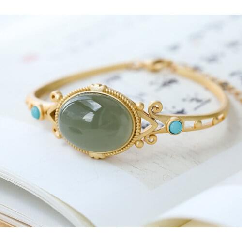 S925 Sterling Silver Jasper Bracelet Natural Hetian Jade Gray Jade Turquoise Classical Chinese High-End Ornament
