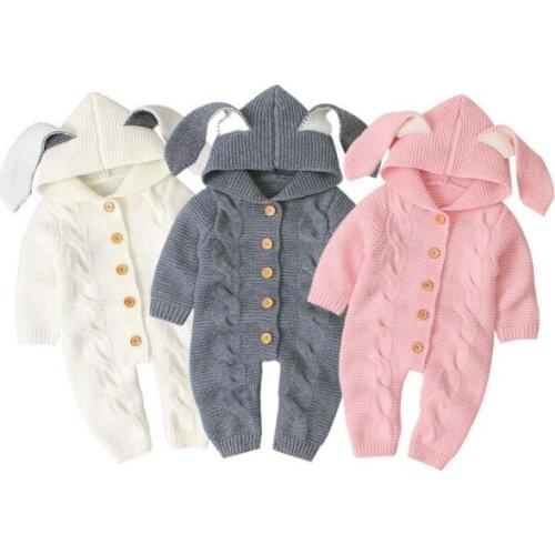 Autumn Thick Baby Kids Rompers Solid Cotton Boy Girl Knit Romper Hooded Sweater Jumpsuit 0-24 Months