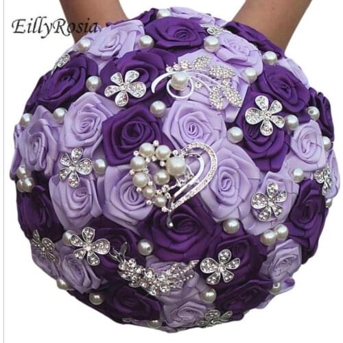 EillyRosia Purple Bridal Bouquet Artificial Wedding Flowers Crystals Pearls Jewelry Brooch Bridesmaid Holding Flowers Bouquet