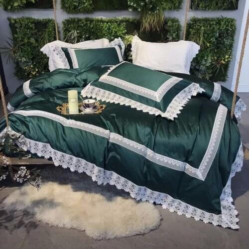 4pcs Luxury 120S Green White Lace Egyptian cotton Royal Bedding set Queen King Wedding Duvet cover Bed sheet set Pillowcase