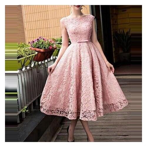 2020 Short pink Prom Party Dresses Appliques Capped Sleeves Round Neck A-line Formal Evening Long Gowns For Prom Girls