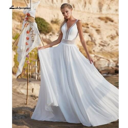 Summer Lace Chiffon Bohemian Wedding Dresses 2021 Spaghetti Straps Backless V Neck Boho Beach Bridal Gown trouwjurk Lakshmigown