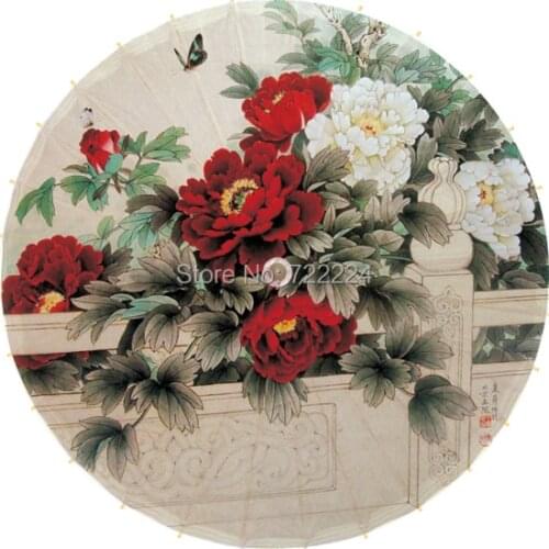 Hot selling chinese craft handmade oiled paper umbrella butterfly flying in peony umbrell gift classical women rain umbrella