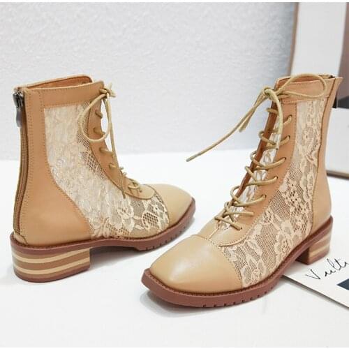 Back Zip patchwork lace embroider pu summer boots shoes women preppy sandals woman mood chick med heels gladiator sandalias 2020