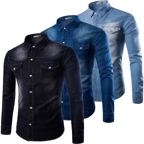 Pocket Washed Big Size Slim Fit Light Blue Male Denim Shirt Men Black Jeans Cowboy Shirts Men Plus Size 5XL