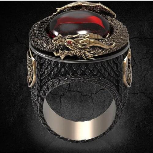Vintage Gothic Dragon Phoenix Rings For Men Red Zircon Rock Punk Ring Personality Creative Cocktail Party Rings Jewelry D5M647