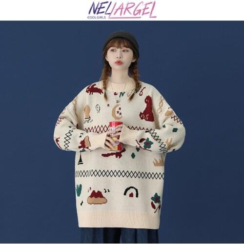 NELLARGEL Women Kawaii Cartoon Y2k Knitted Sweater 2021 Female Harajuku Vintage Oversized Pullovers Girl Korean Fashion Sweaters
