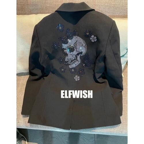 2022SS New Woman Black Blazer Back Butterfly Skull Rhinestone Strass Flap Pockets Long Sleeves Fashion suits