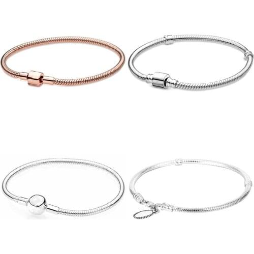 Original Moments Smooth Lobster Claw Clasp Snake Chain Basic Bracelet Bangle Fit Pandora 925 Sterling Silver Charm Jewelry