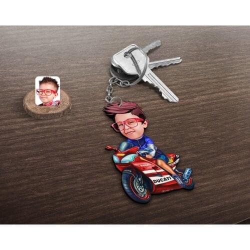 Personalized Biker Child Caricature Of Wood Anahtarlık-1