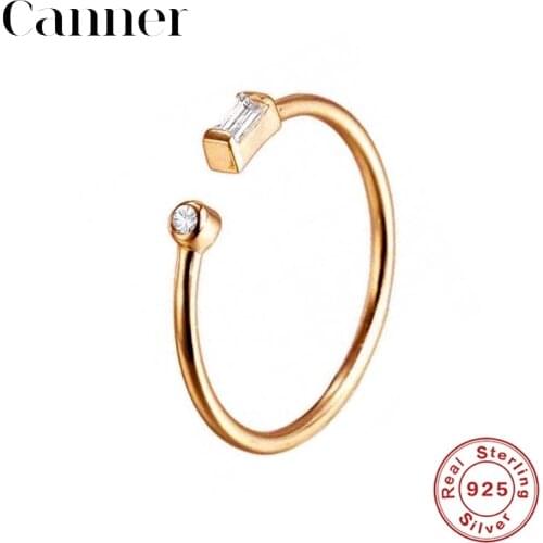 Simple Personality 925 Sterling Silver Rings Minimalist Geometric Rectangular Round Hipster Opening Zircon Ring Adjustable